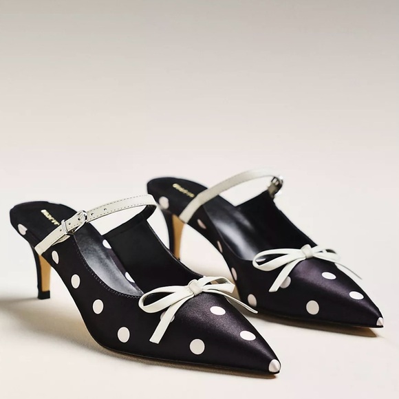 Maeve Shoes - Maeve Bow Kitten-Heel Mules | Black and White Polka Dot Size 7